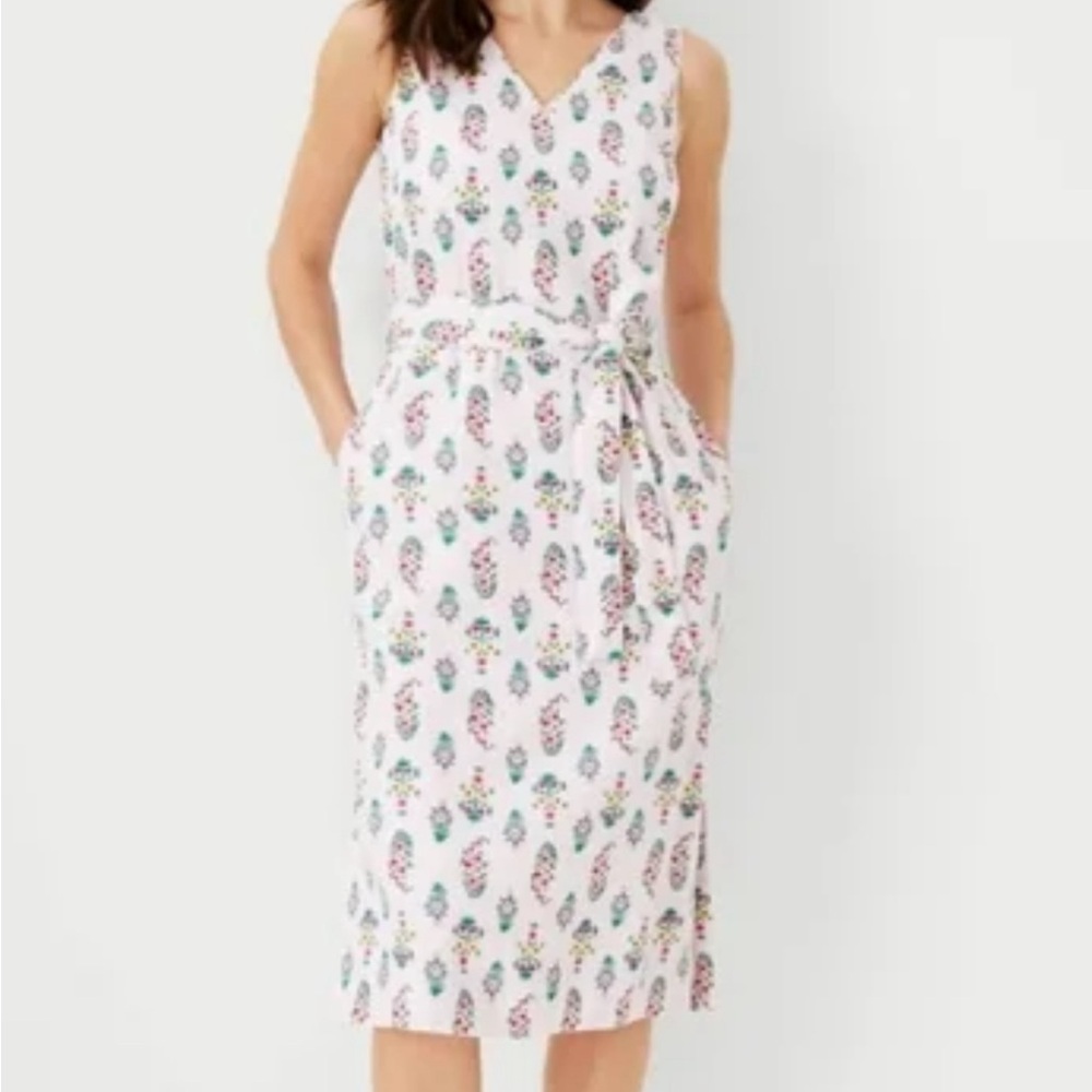 Ann Taylor Floral Linen Cotton Sheath Dress Tie Waist Sleeveless Pockets Size 8
